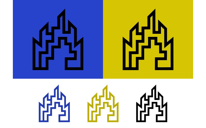 Icônes abstraites de bâtiments en bleu et jaune.