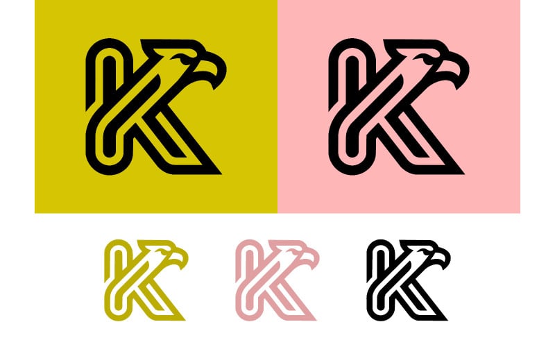 Eagle k brev logotypdesign på gult och rosa.