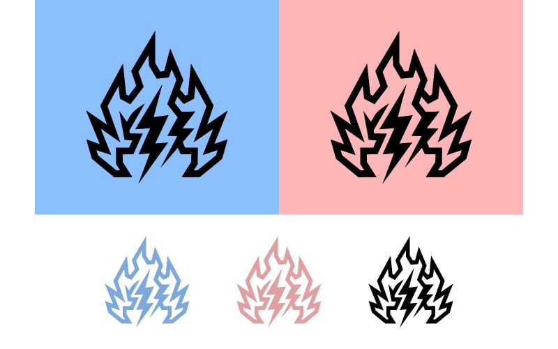 Symboles de feu stylisés en rose et bleu.