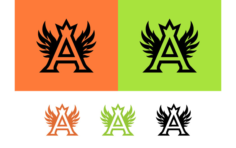 De letter A met vleugels, oranje, groen en zwart logo.