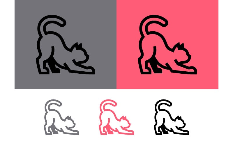 Symbol einer sich streckenden Katze in verschiedenen Farbvarianten.