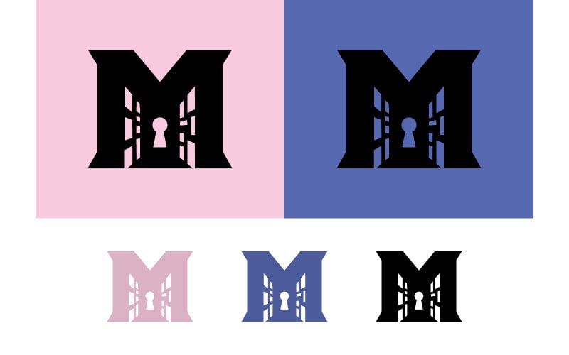 Conception de logo de porte avec lettre M et trou de serrure.