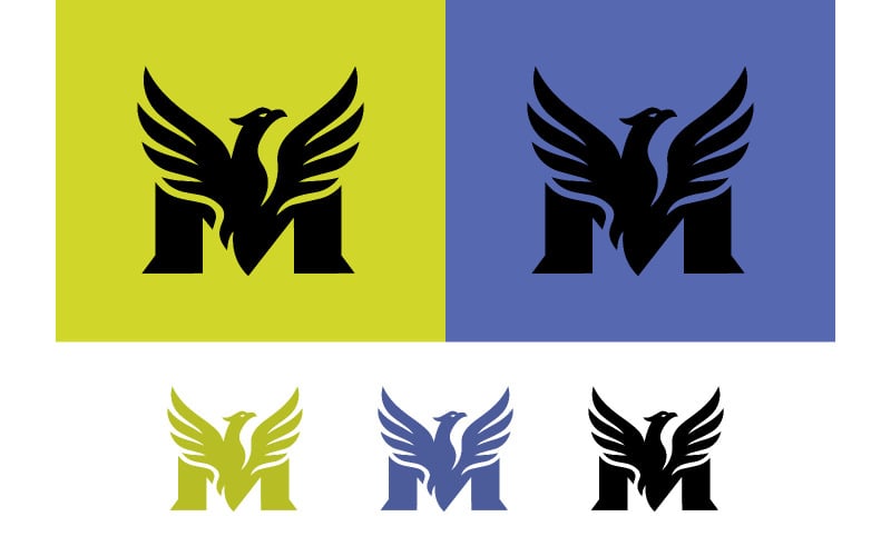 De letter m met een feniks als embleem, geel van kleur.