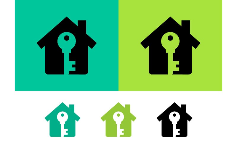 Conception d'un logo représentant une maison et une clé sur fond vert.