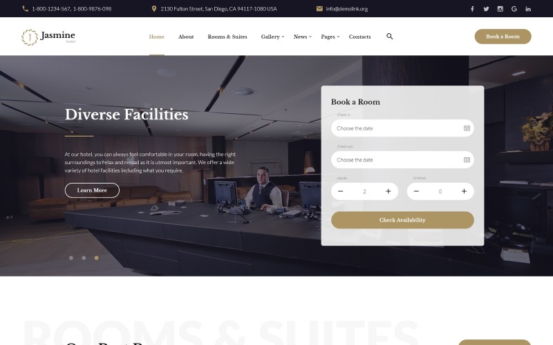 Jasmine - Modello di sito web HTML5 multipagina Hotel Classic