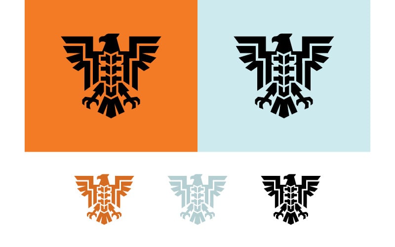 Emblème d'aigle avec arête sur fond orange et bleu.
