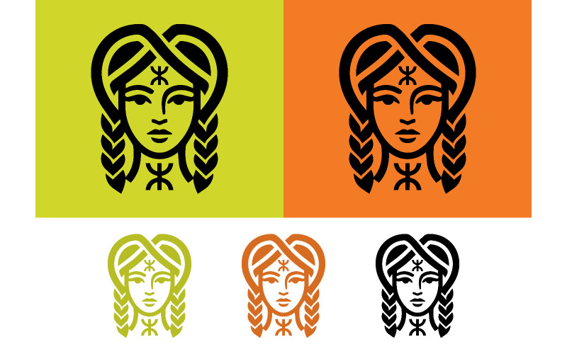 Grafica di un volto femminile con trecce e simboli.