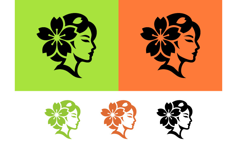 Femme avec un logo floral sur fond vert.
