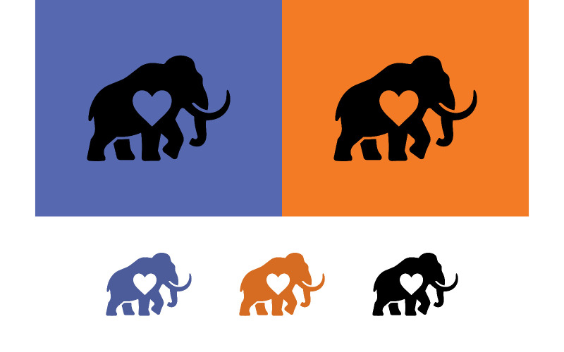 Mammouth avec logo en forme de cœur sur fond bleu.