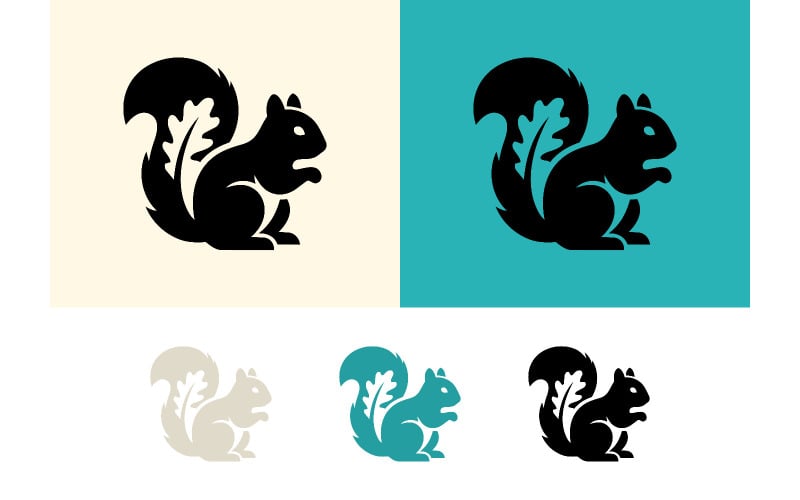 Logo di uno scoiattolo con la coda di foglie per un marchio di prodotti naturali.