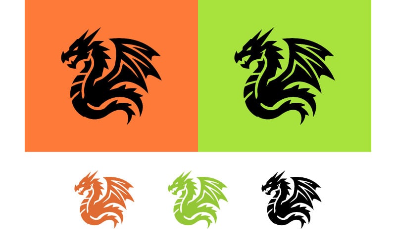 Дракон с крыльями на оранжево-зеленом фоне.