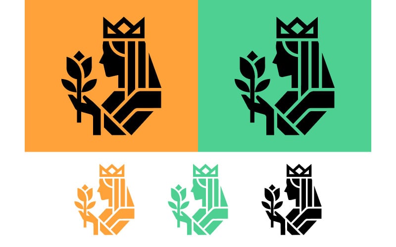 Logo di profilo laterale con regina che tiene un fiore.