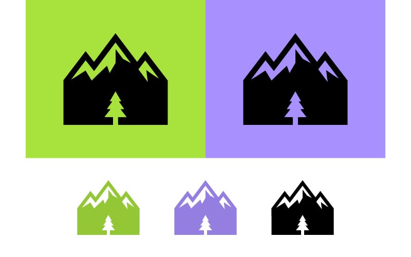 Logo con albero di montagna per l'avventura.