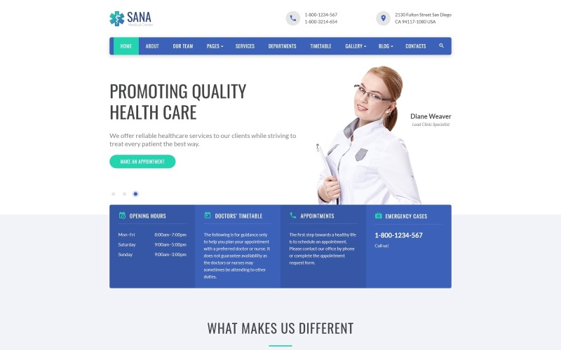 Sana - Orvosi tisztán reagáló weboldal sablon