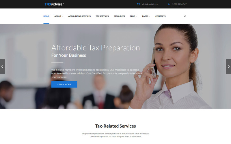 TaxAdviser - Modèle de site Web multi-pages réactif pour entreprise de services comptables et fiscaux