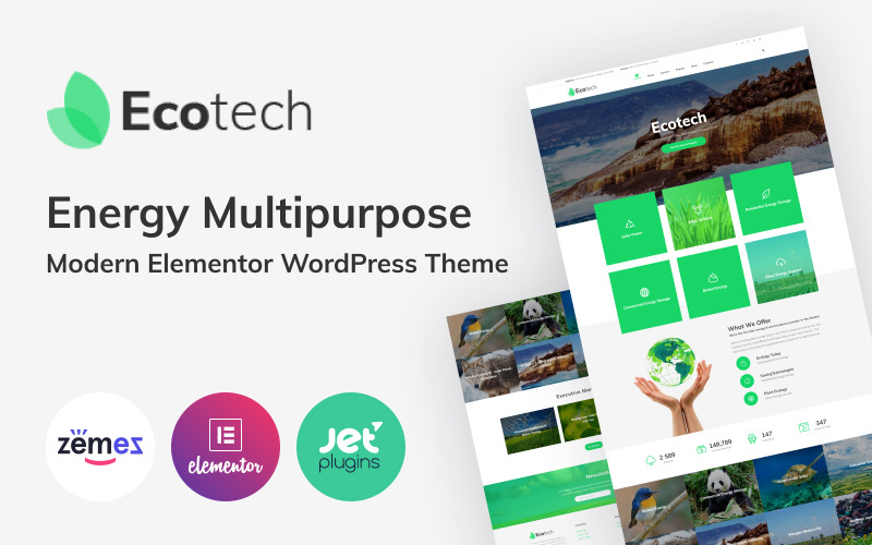 Ecotech – Екологічна компанія та зелена енергія Тема WordPress Elementor (багатоцільова)