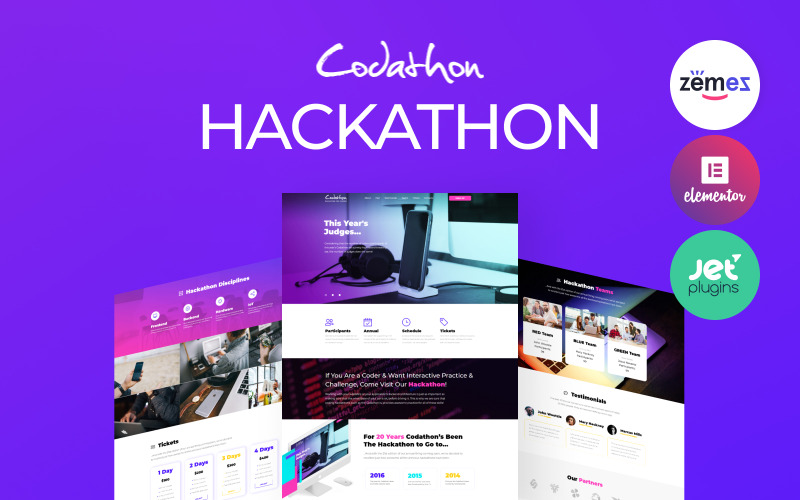 Codathon - WordPress šablona pro kódovací akce a hackathon pro webové stránky technologické soutěže