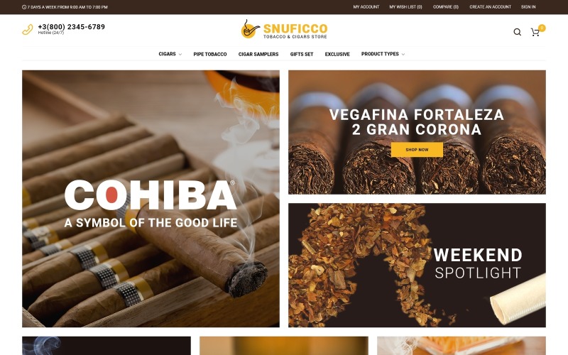 Snuficco - Tobaks- och cigarrbutik Responsive Magento 2 Theme Magento Theme