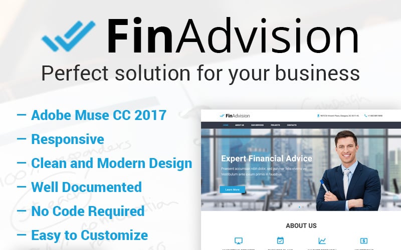 FinAdvision - Finansiell rådgivare Adobe CC 2017 Muse-mall