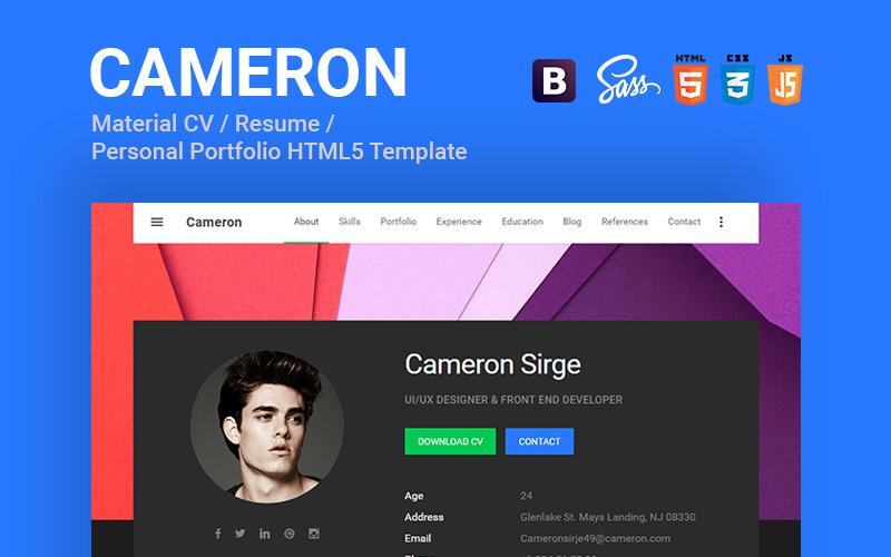 Cameron - Material CV / Resume / vCard / Portfolio Html Template Website Template