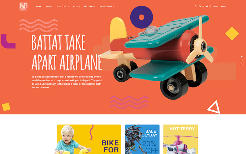 Download PSD шаблон "Baby Shop - Baby Store PSD Template" / Baby Shop - Baby Store PSD Template - PSD шаблон на тему товары повседневного потребления baby clothes shop store colorful creative design ecommerce kid layers minimal psd template retail shopping toys