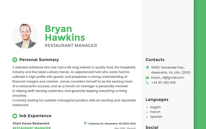 Брайан Хокинс - шаблон резюме менеджера ресторана