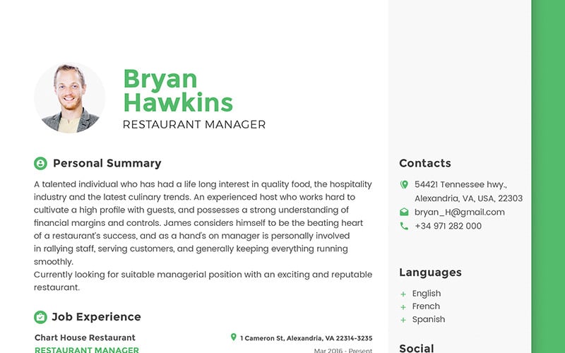 Bryan Hawkins-餐厅经理简历模板