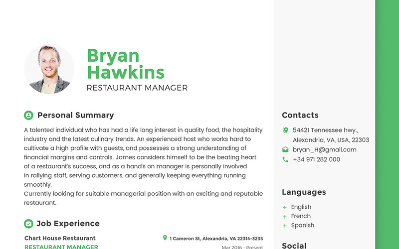Download Резюме "Bryan Hawkins - Restaurant Manager Resume Template" / Bryan Hawkins - Restaurant Manager Resume Template - Резюме на тему графика resume printable business-card vector editable free-fonts 300dpi restaurant manager cv psd ai pdf bonus professional clean customizable a4 print-ready