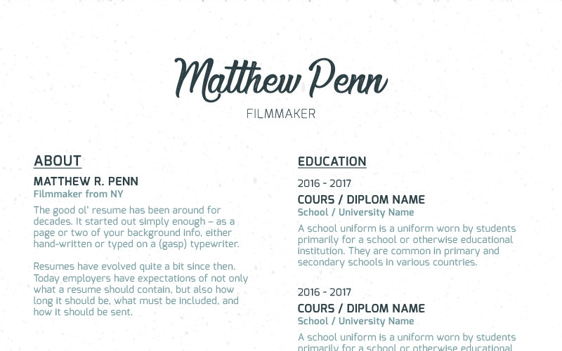 Download Резюме "Matthew Penn - Filmmaker Resume Template" / Matthew Penn - Filmmaker Resume Template - Резюме на тему графика resume cv printable business-card vector editable free-fonts psd ai bonus professional clean customizable a4 cmyk print-ready 300dpi