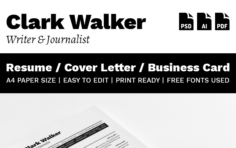 Download Резюме "Пример резюме журналиста" / Clark Walker - Writer & Journalist Resume Template - Резюме на тему графика resume cv printable business-card vector editable free-fonts psd ai bonus professional clean customizable a4 cmyk print-ready 300dpi cover_letter