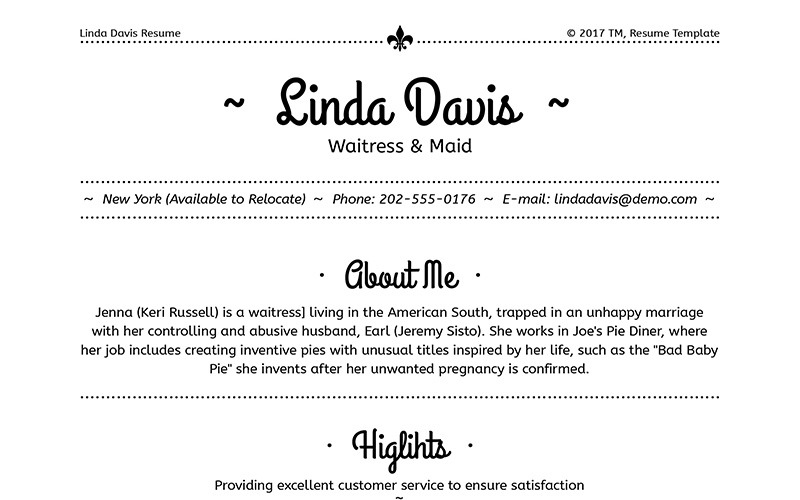 Linda Davis - Modelo de currículo para garçonete e empregada doméstica