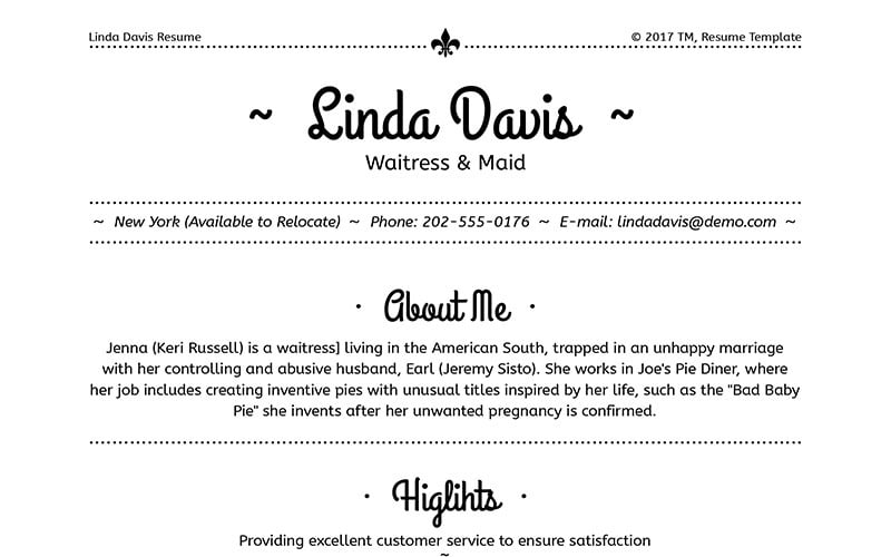 Linda Davis - Waitress & Maid Resume Template