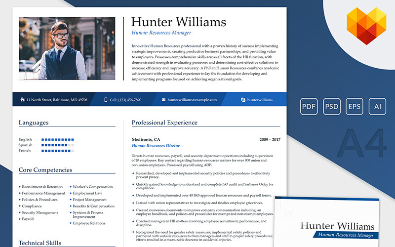Download Резюме "Пример резюме специалиста по кадрам" / Hunter Williams - Human Resources Manager Resume Template - Резюме на тему графика 