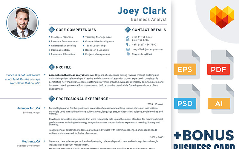 Download Резюме "Пример резюме на работу консультантом по бизнесу" / Joey Clark - Business Analyst and Financial Consultant Resume Template - Резюме на тему графика 