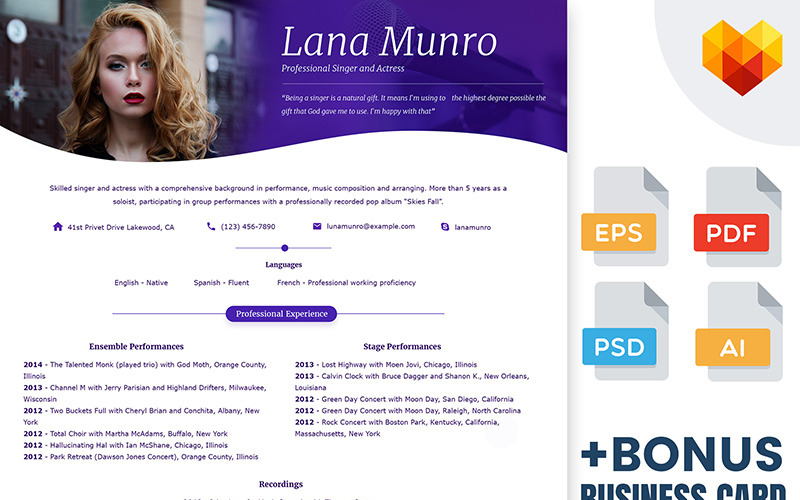 Download Lana Munro — Пример резюме женщины / Graphics Resume Template - Резюме на тему графика 