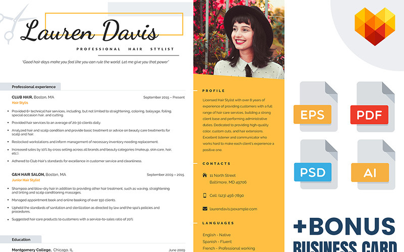 Download Lauren Davis - шаблон резюме профессионального стилиста / Graphics Resume Template - Резюме на тему графика 