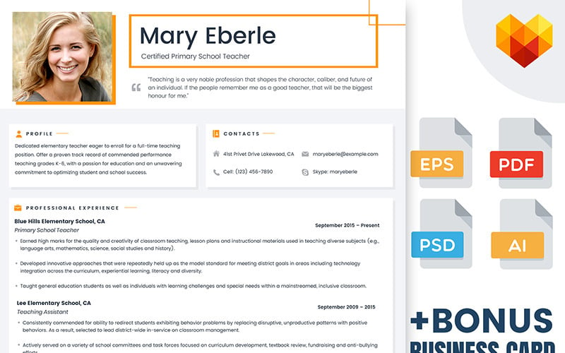 Мэри Эберли - шаблон резюме для сертифицированного учителя