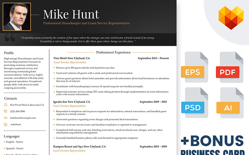 Download Mike Hunt - шаблон резюме профессионального хаускипера / Graphics Resume Template - Резюме на тему графика 