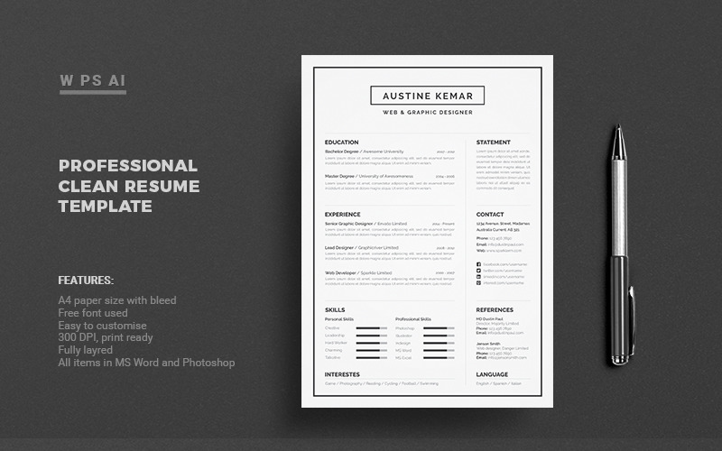Download Резюме "Austin Kemar Resume Template" / Austin Kemar Resume Template - Резюме на тему трудоустройство cv,design,template,editable,elegant,resume,indesign,job,light,portfolio,professional,word,simple,typography,white,work