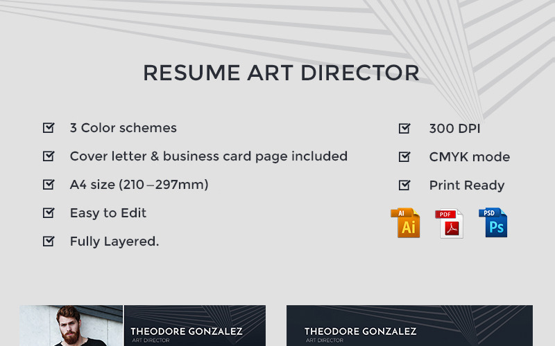 Download Резюме "Theodore Gonzalez - Art Director Resume Template" / Theodore Gonzalez - Art Director Resume Template - Резюме на тему графика resume art cv business card cover letter vector free-fonts ai bonus a4 customizable printable print-ready 300 dpi professional cmyk psd