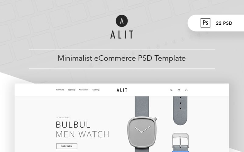Download PSD шаблон "Alit - Minimalist eCommerce PSD Template" / Alit - Minimalist eCommerce PSD Template - PSD шаблон на тему мебель accessories chair clean ecommerce marketplace minimalist online shop store psd template ui user interface watch white woocommerce