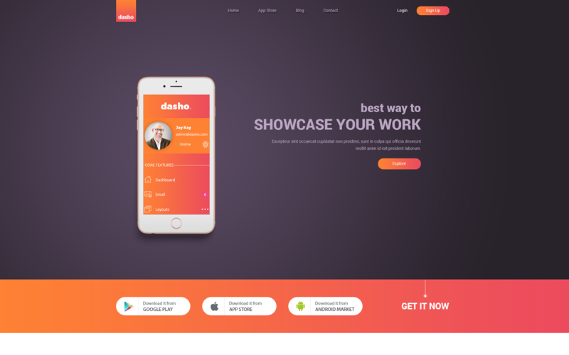 Download PSD шаблон "Dasho - App Showcase & App Store PSD Template" / Dasho - App Showcase & App Store PSD Template - PSD шаблон на тему бизнес услуги app store landing template marketing showcase business shopping unique clean modern responsive market photoshop well-organized layers