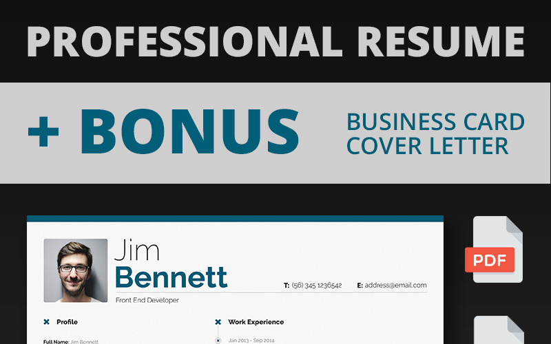 Download Резюме "Jim Bennett Front End Developer Resume Template" / Jim Bennett Front End Developer Resume Template - Резюме на тему графика resume cv printable business-card vector editable free-fonts psd ai bonus professional clean customizable a4 cmyk print-ready 300dpi cover letter pdf