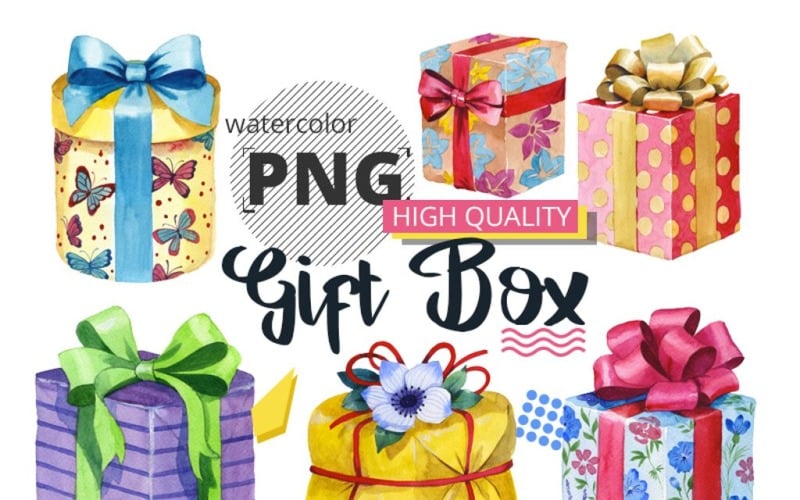 Cajas de regalo acuarela PNG set - Ilustración
