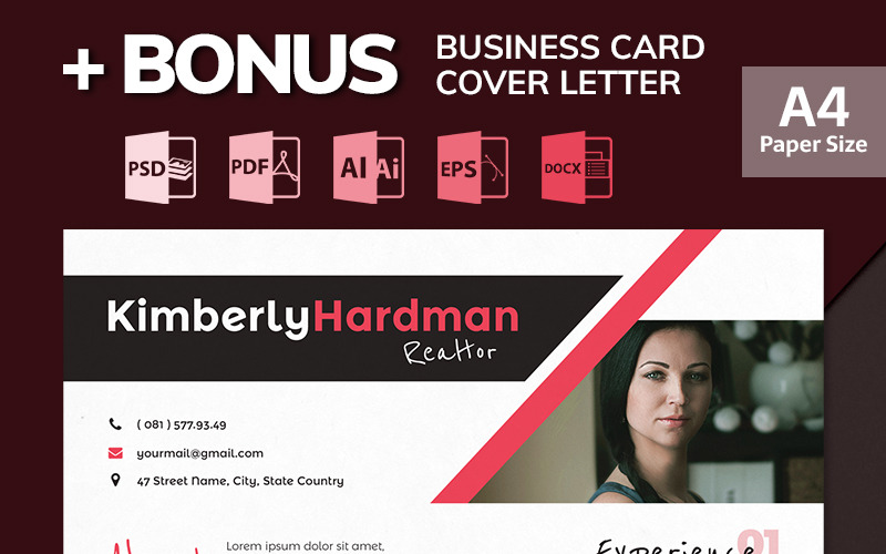 Download Резюме "Kimberly Hardman - Realtor Resume Template" / Kimberly Hardman - Realtor Resume Template - Резюме на тему графика resume cv printable business-card vector editable free-fonts psd ai bonus professional clean customizable a4 cmyk print-ready 300dpi docx cover-letter eps