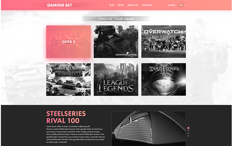 Download PSD шаблон "Gaming Bet PSD Template" / Gaming Bet PSD Template - PSD шаблон на тему игровой портал game online bets casino cybersport e-sport psd template adaptive mobile tablet