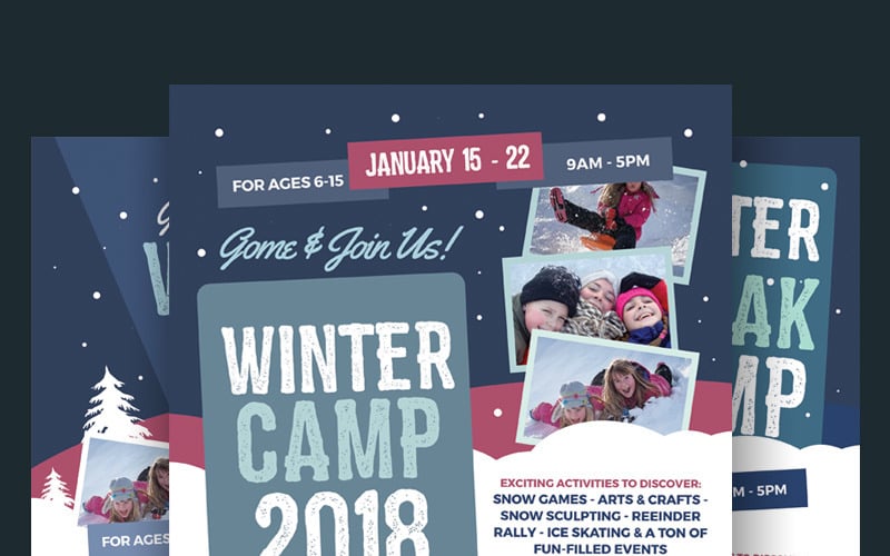 Download PSD шаблон "Winter Camp Flyer PSD Template" / Winter Camp Flyer PSD Template - PSD шаблон на тему кемпинг ad adventure blue camp children flyer holiday kids leaflet magazine pamphlet parents poster school snow sport winter