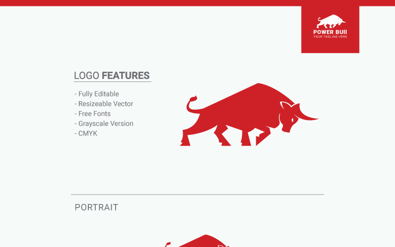 Download Шаблон логотипа "Power Bull Logo Template" / Power Bull Logo Template - Шаблон логотипа на тему графика black blue brand brave bull business company creative gray logo logotype mark modern red