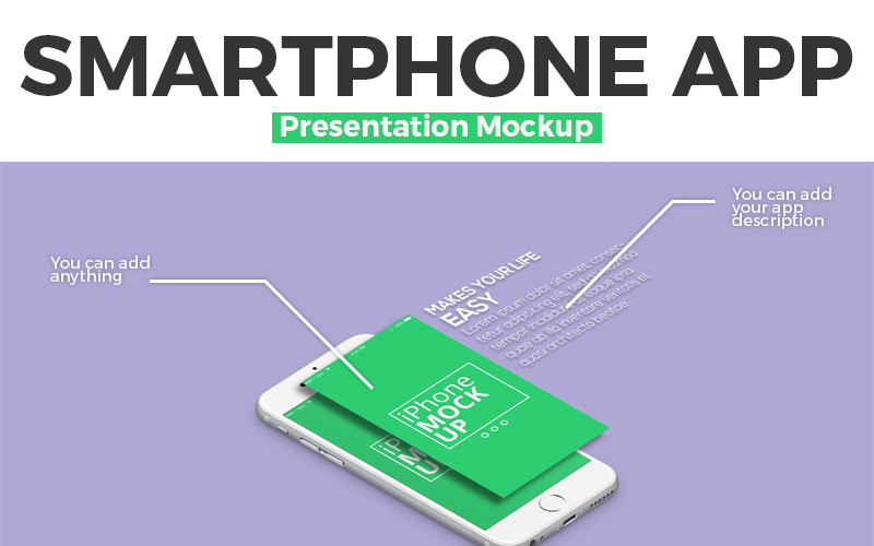 Download Мокап для продукта "Smartphone App product mockup" / Smartphone App product mockup - Мокап для продукта на тему графика isometric smartphone app presentation mock-up professional template psd clean