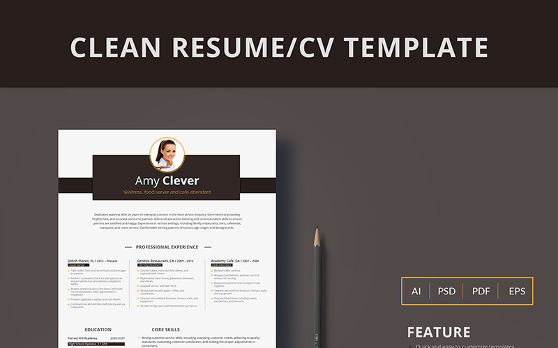 Download Резюме "Amy Clever - Waitress, Food Server and Cafe Attendant Resume Template" / Amy Clever - Waitress, Food Server and Cafe Attendant Resume Template - Резюме на тему графика food serve service waiter waitress restaurant cafe serving employment job student receptionist delivery